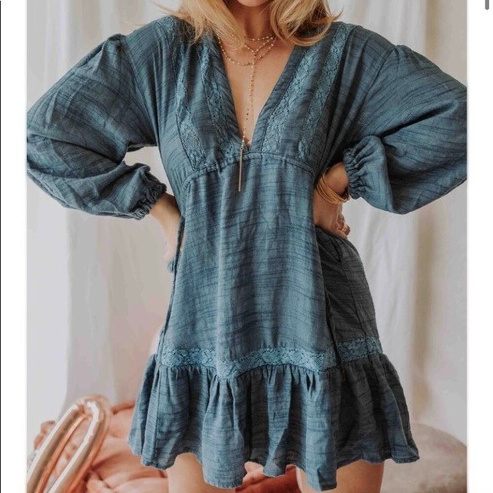 Women's Large Free People Rugged Beauty Blue Lace Boho Dress NEW